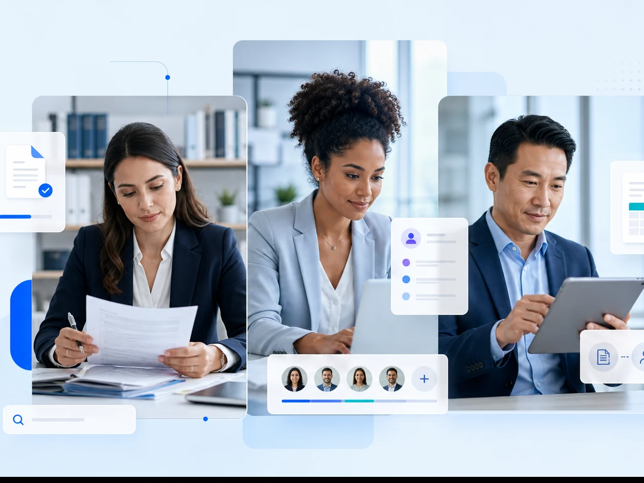 Legal, human resources, and finance professionals collaborating through digital document and approval workflows