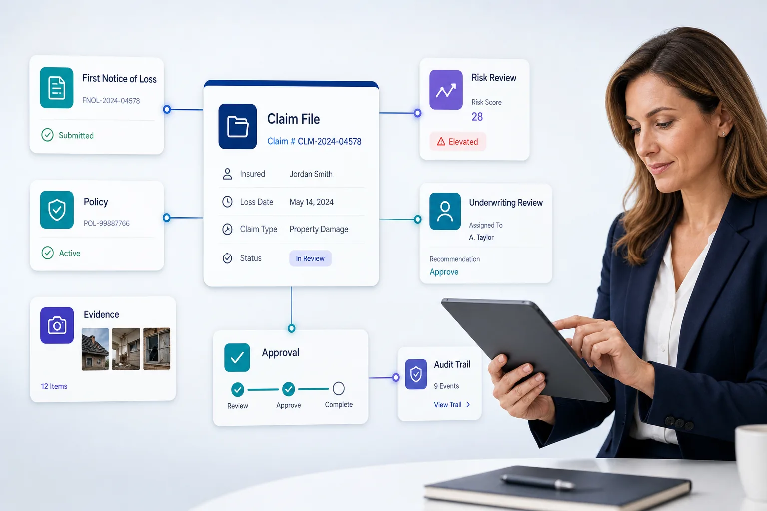 Insurance content automation connects first notice of loss, claim files, policy records, evidence, underwriting reviews, approvals, and audit trails