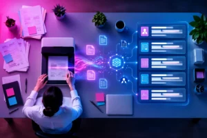 AI in Content Services: Business Cases — illustration depicting a knowledge worker scanning paper documents that visually transform into structured digital data records with extracted fields