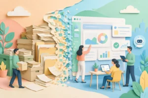 Digital Transformation in the AI Era — illustration depicting a side-by-side metamorphosis: dusty paper folders on the left transforming into a clean digital interface on the right
