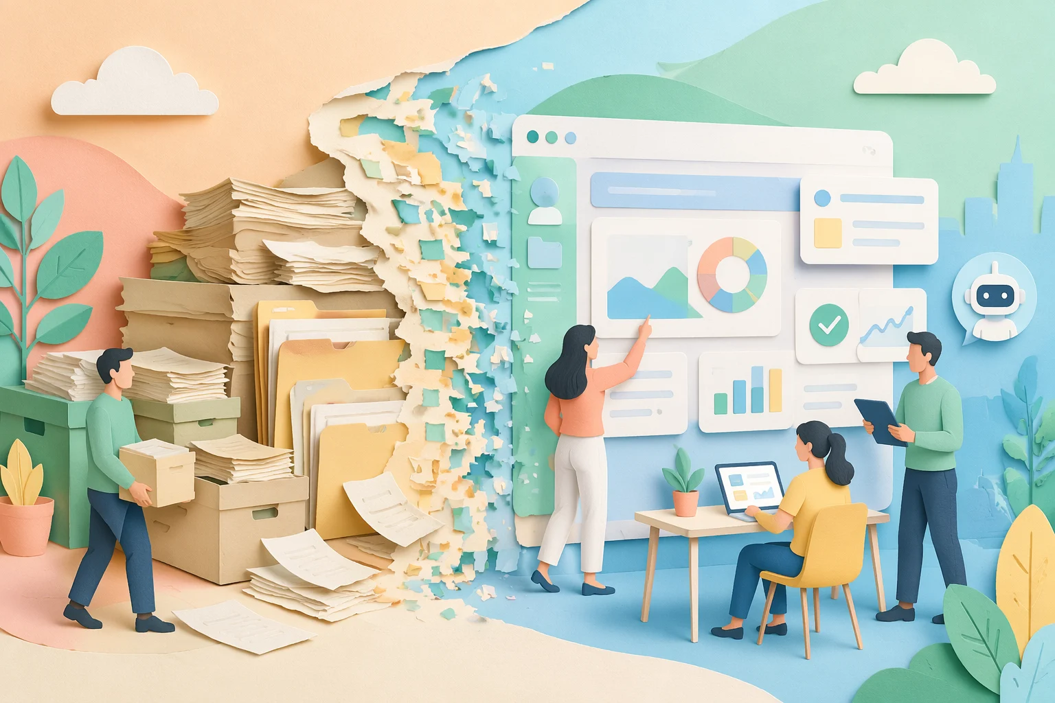 Digital Transformation in the AI Era — illustration depicting a side-by-side metamorphosis: dusty paper folders on the left transforming into a clean digital interface on the right