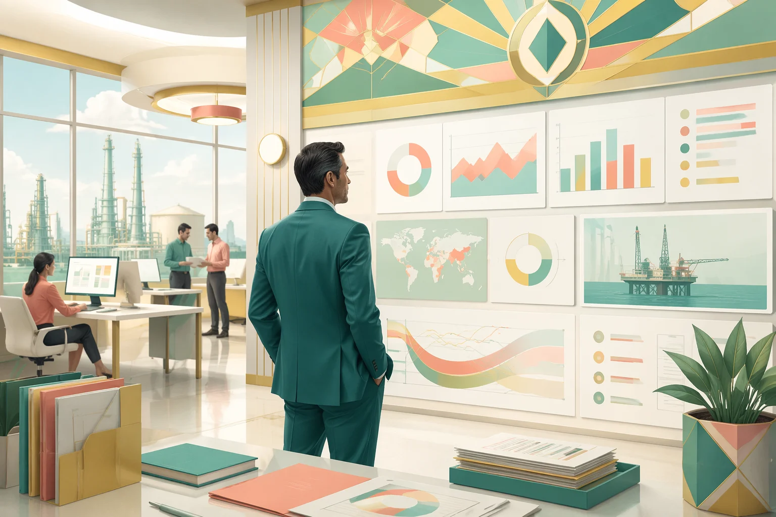 Oil and Gas Document Intelligence Guide — illustration depicting an executive standing in front of a wall of interactive dashboards showing KPIs