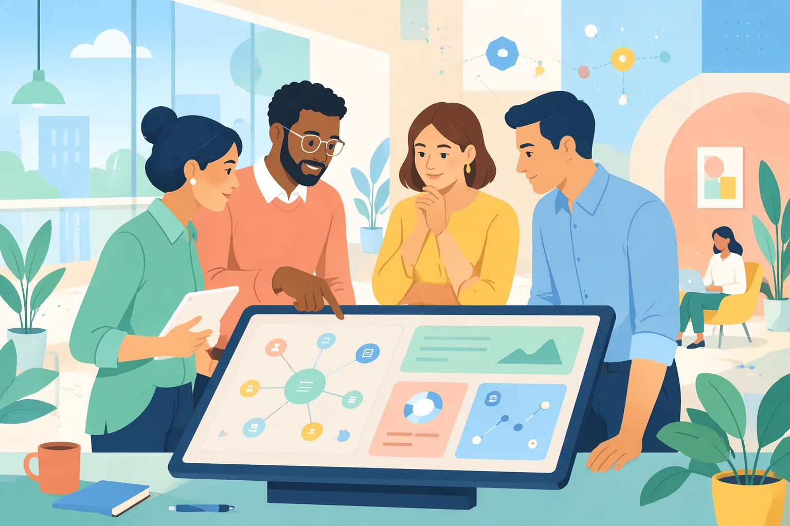 PING: What It Means in Enterprise AI — illustration depicting a small group of professionals collaborating around a touchscreen showing a stylised digital interface relevant to PING