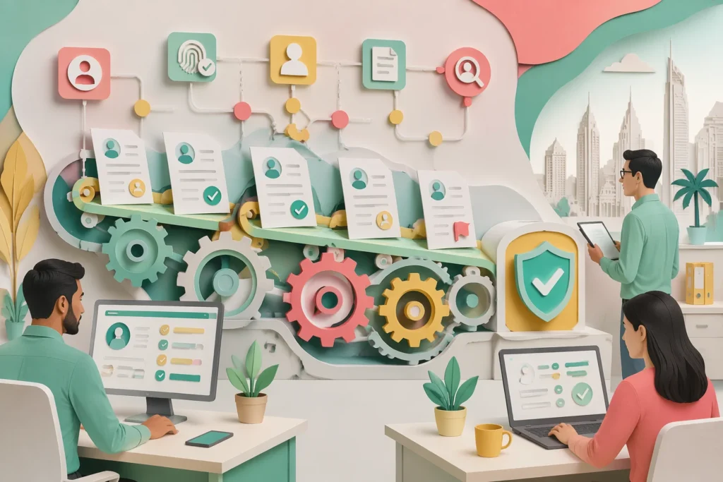 KYC Automation in GCC Banking: Practical Guide — illustration depicting a series of office documents flowing through a stylised conveyor of gears and workflow nodes