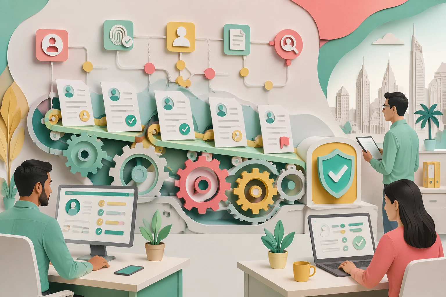 KYC Automation in GCC Banking: Practical Guide — illustration depicting a series of office documents flowing through a stylised conveyor of gears and workflow nodes