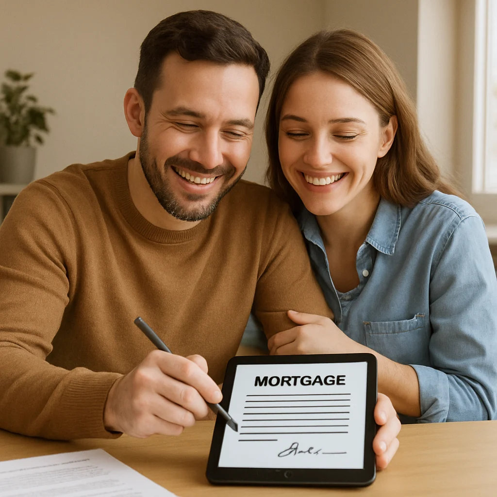 A happy couple signing digital mortgage documents on a tablet
