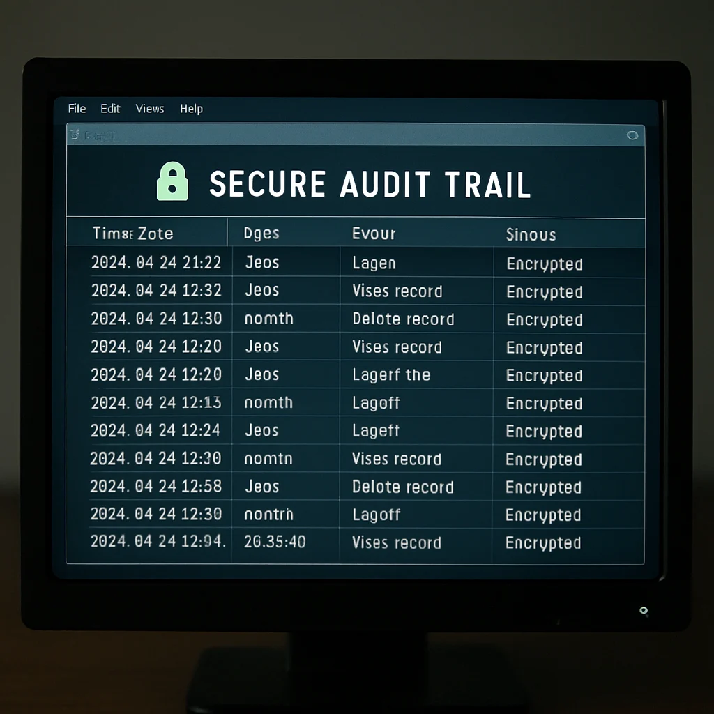 Computer screen showing a secure, encrypted audit trail log