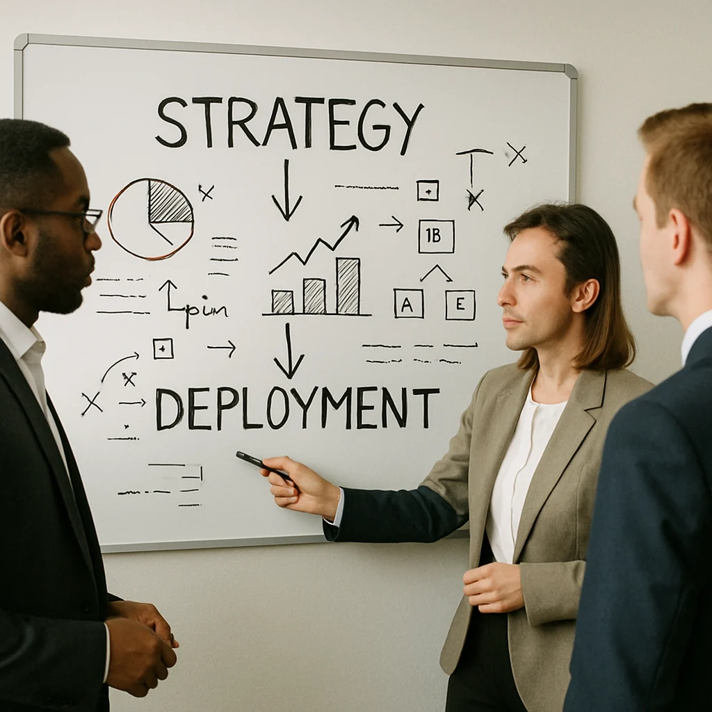 Business team analyzing strategy and deployment plans on a whiteboard