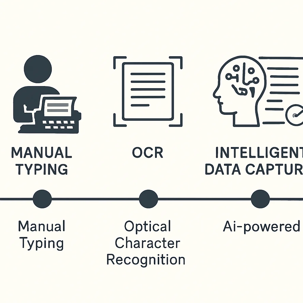 Timeline graphic showing the evolution from manual typing to OCR to AI-powered Intelligent Data Capture