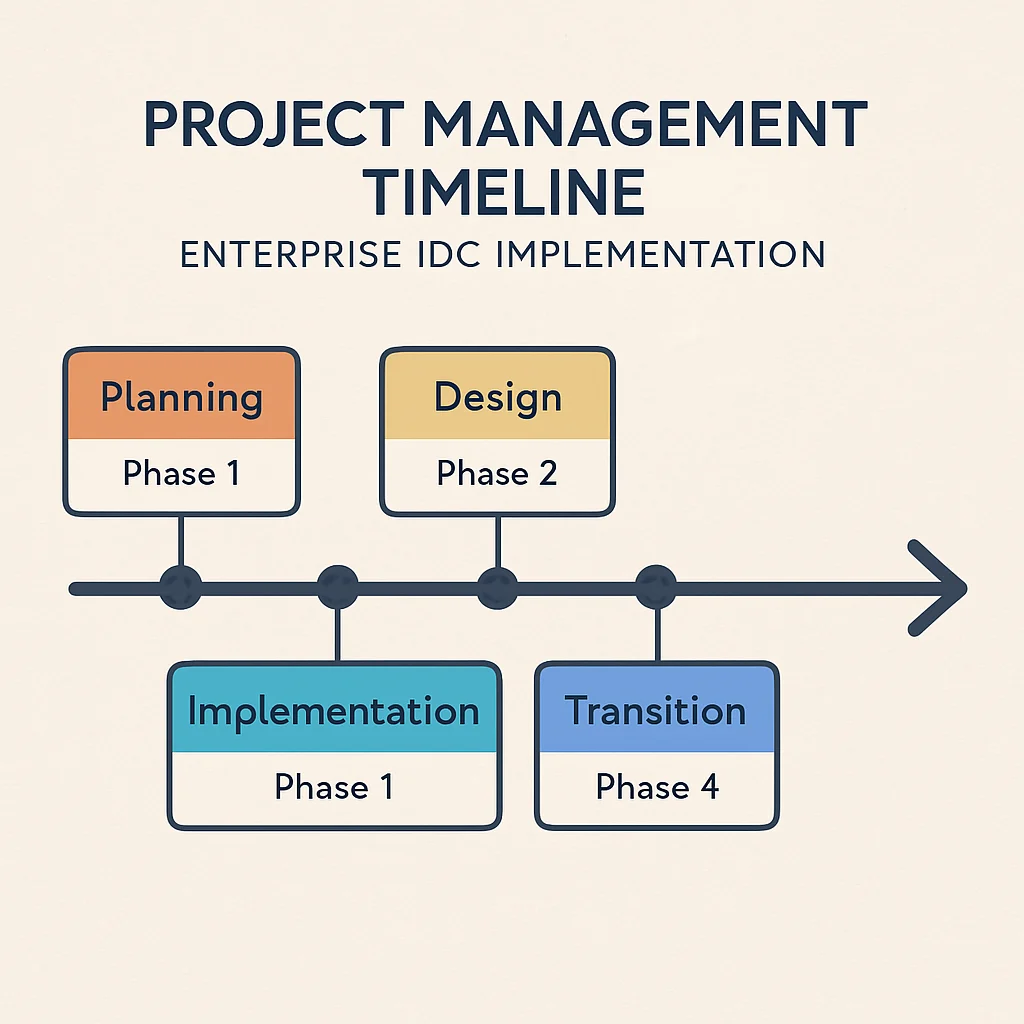A project management timeline mapping out the 5 phases of enterprise IDC implementation